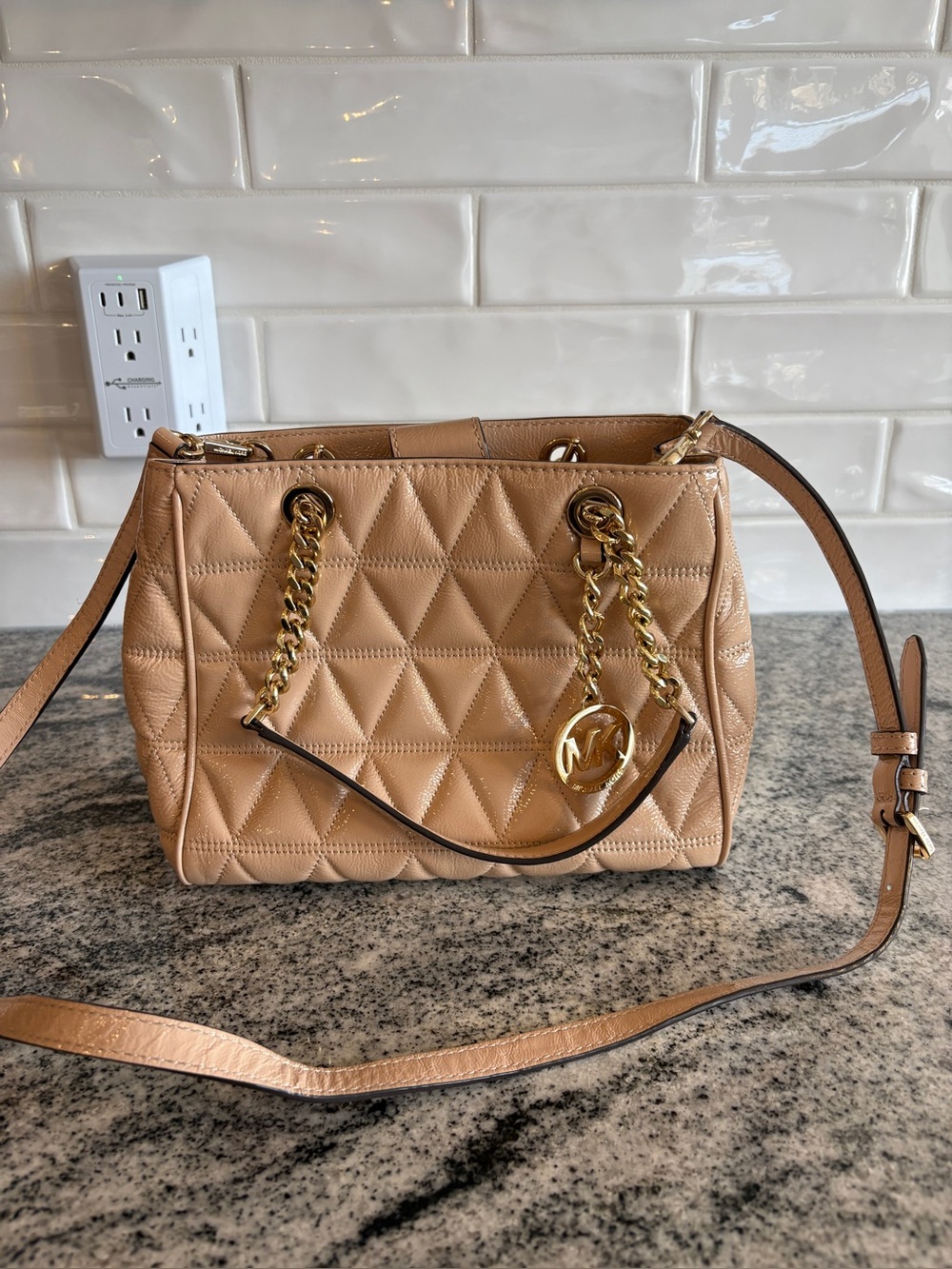 Michael Kors Quilted Tan Leather Shoulder Bag with Gold Chain